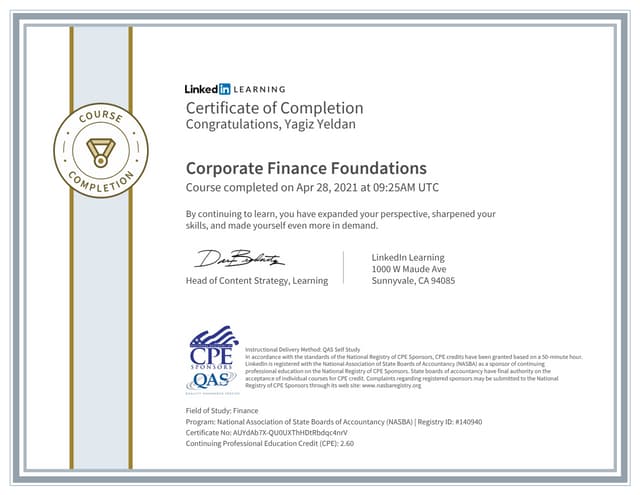 Certificate of Completion Corporate Finance Foundations