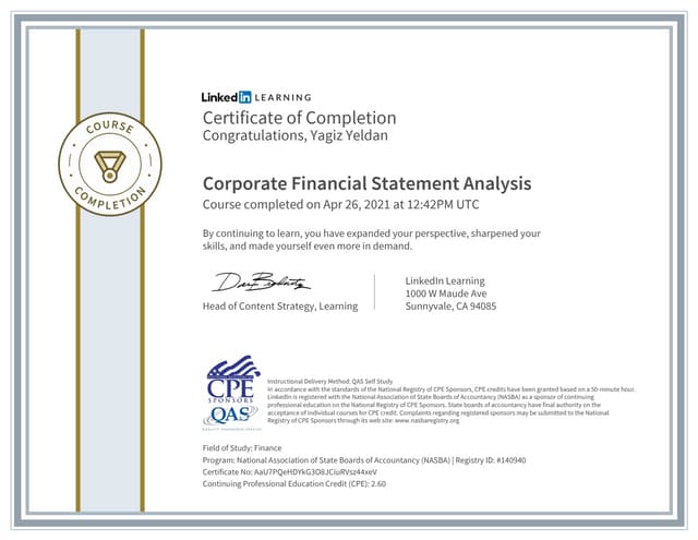 Certificate of Completion Corporate Financial Statement Analysis