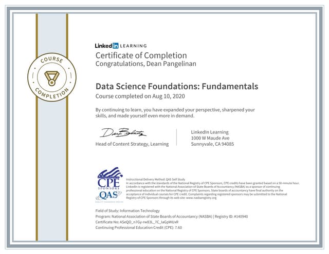 LinkedIn Certificate - "Data Science Foundations:  Fundamentals"  (NASBA)