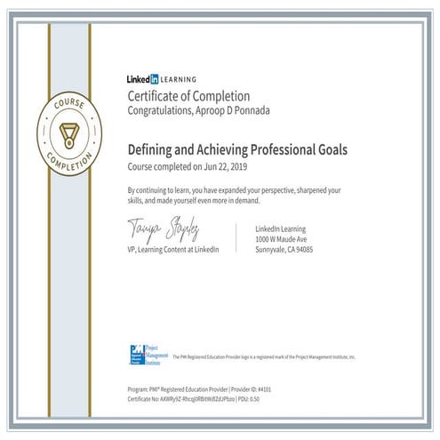 Certificate ofcompletion defining and achieving professional goals