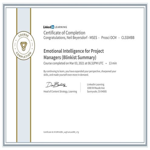 Certificate of Completion Emotional Intelligence for Project Managers LinkedI...