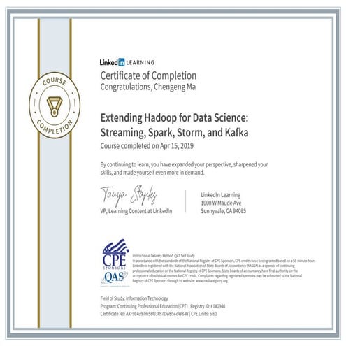 Certificate ofcompletion extending hadoop for data science streaming spark storm and kafka-2