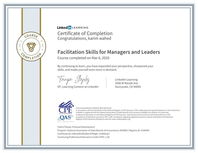 Certificate of Completion Facilitation skills for Managers and Leaders