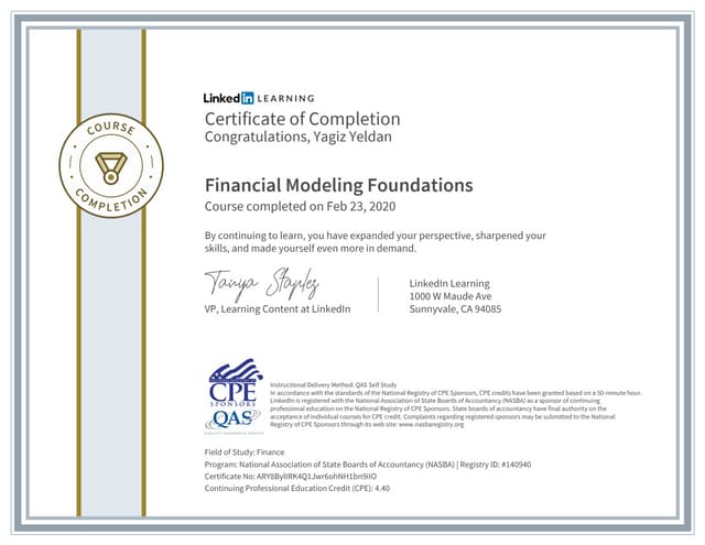 Certificate of Completion Financial Modeling Foundations