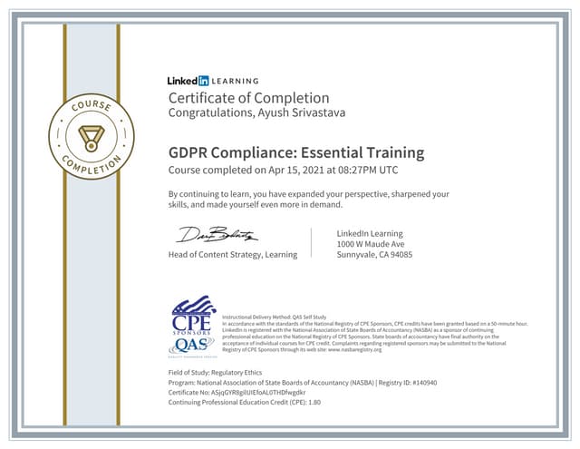 Certificate ofcompletion gdpr compliance essential training test passed certi...