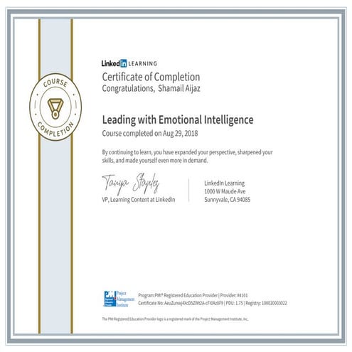 Certificate ofcompletion leading with emotional intelligence