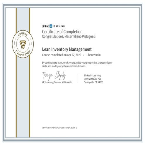 Certificate of completion : "Lean inventory management" 