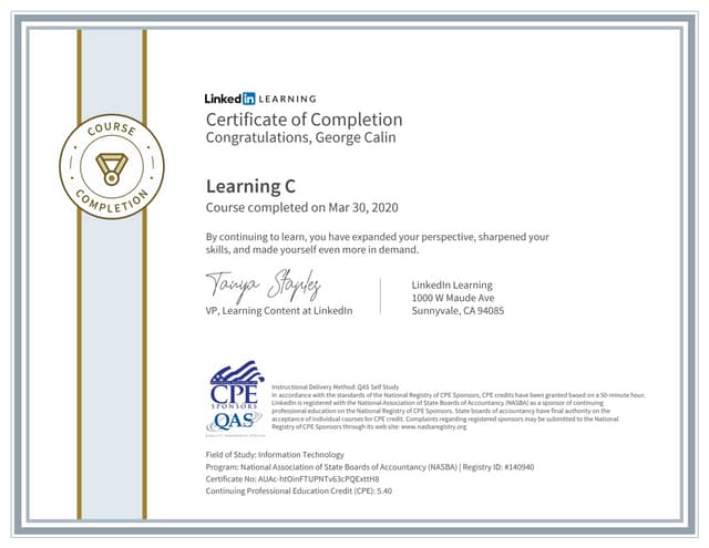 Certificate of Completion "Learning C"