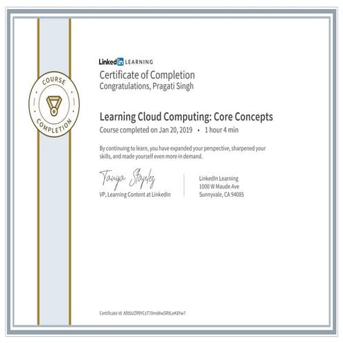 Certificate of completion learning cloud computing core concepts