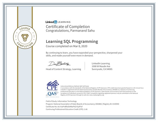 Certificate ofcompletion learning sql programming