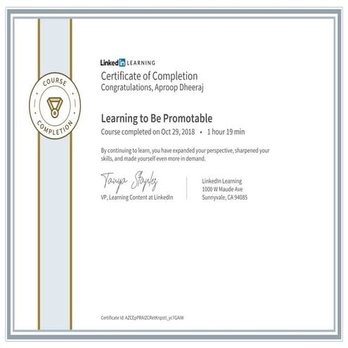 Certificate ofcompletion learning to be promotable