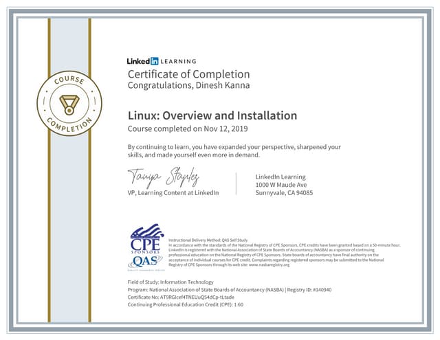 Certificate ofcompletion linux overview and installation