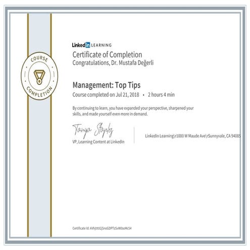 Dr. Mustafa Değerli – 2018 – Management: Top Tips