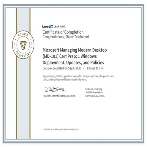 Certificate ofcompletion microsoft managing modern desktop (md-101) cert prep_ 1 windows deployment, updates, and policies