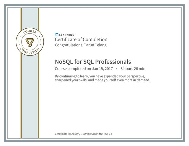 NoSql for SQL professionals - Certificate of Completion