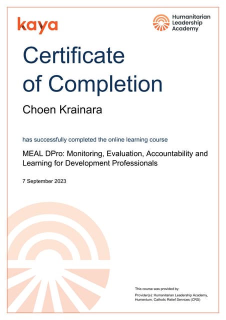 Certificate of Completion in MEAL DPro Monitoring Evaluation Certificate of Completion in MEAL DPro Monitoring Evaluation