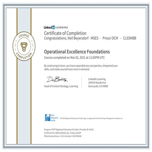 Certificate of Completion Operational Excellence Foundations LinkedIn Learning