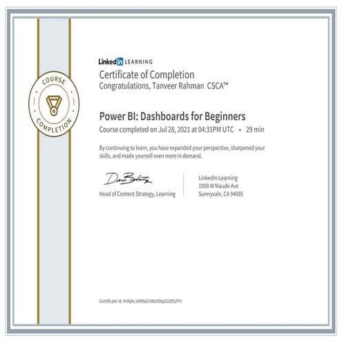 Certificate of completion power bi dashboards for beginners
