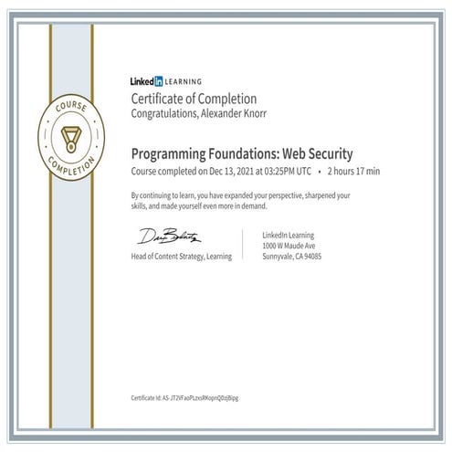 Certificate ofcompletion programming foundations web security Alexander Knorr