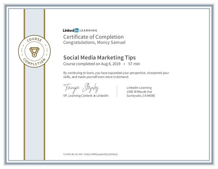 Certificate of Completion Social media marketing tips