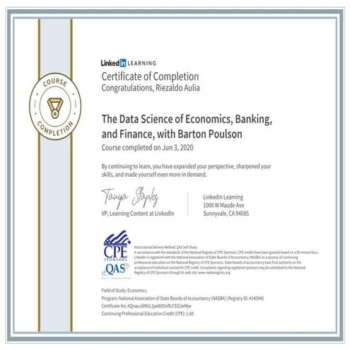 Certificate ofcompletion the data science of economics, banking, and finance,...