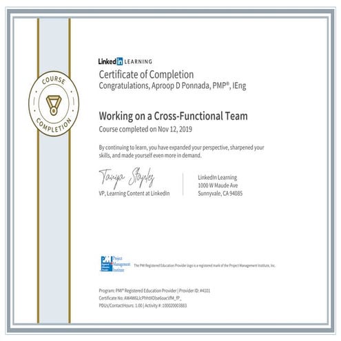 Certificate ofcompletion working on a cross functional team