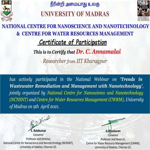 Certificate on Wastewater Remediation and Management with Nanotechnology