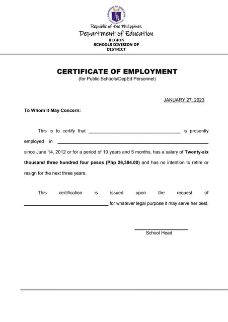 DepEd certificate of employment format docx DepEd certificate of employment format docx