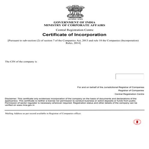 MCA ( Govt. of India) approved Training company in Roorkee