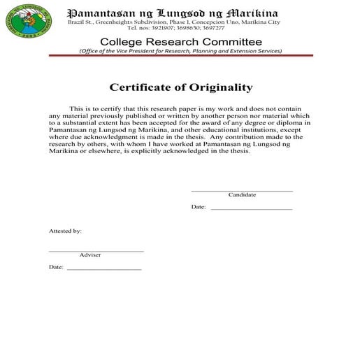 Certificate of originality crc