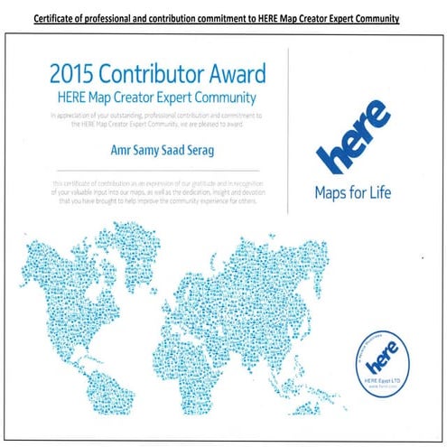 Certificate of professional and contribution commitment to here map creator e...