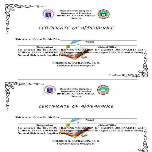 Certificates of appearance, to print