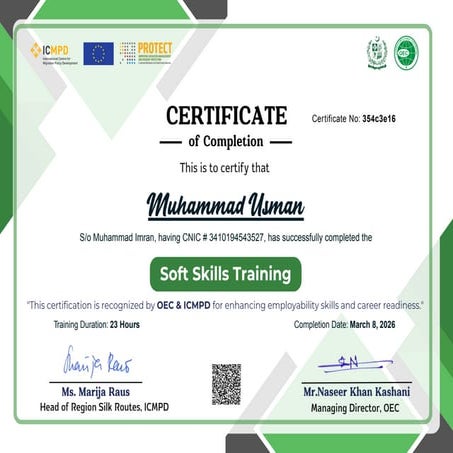 Certificate of Completion for Muhammad Usman's 23-Hour Training | PDF