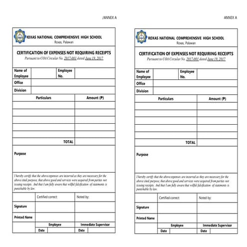 CERTIFICATION OF EXPENSES NOT REQUIRING RECEIPTS