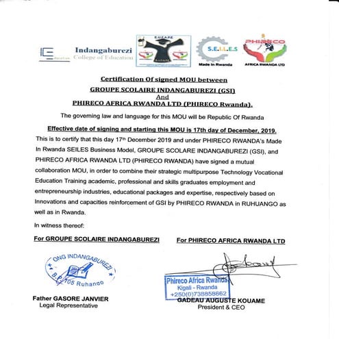 CERTIFICATION OF AGREEMENT SEIRA CC AND PHIRECO RWANDA | PDF