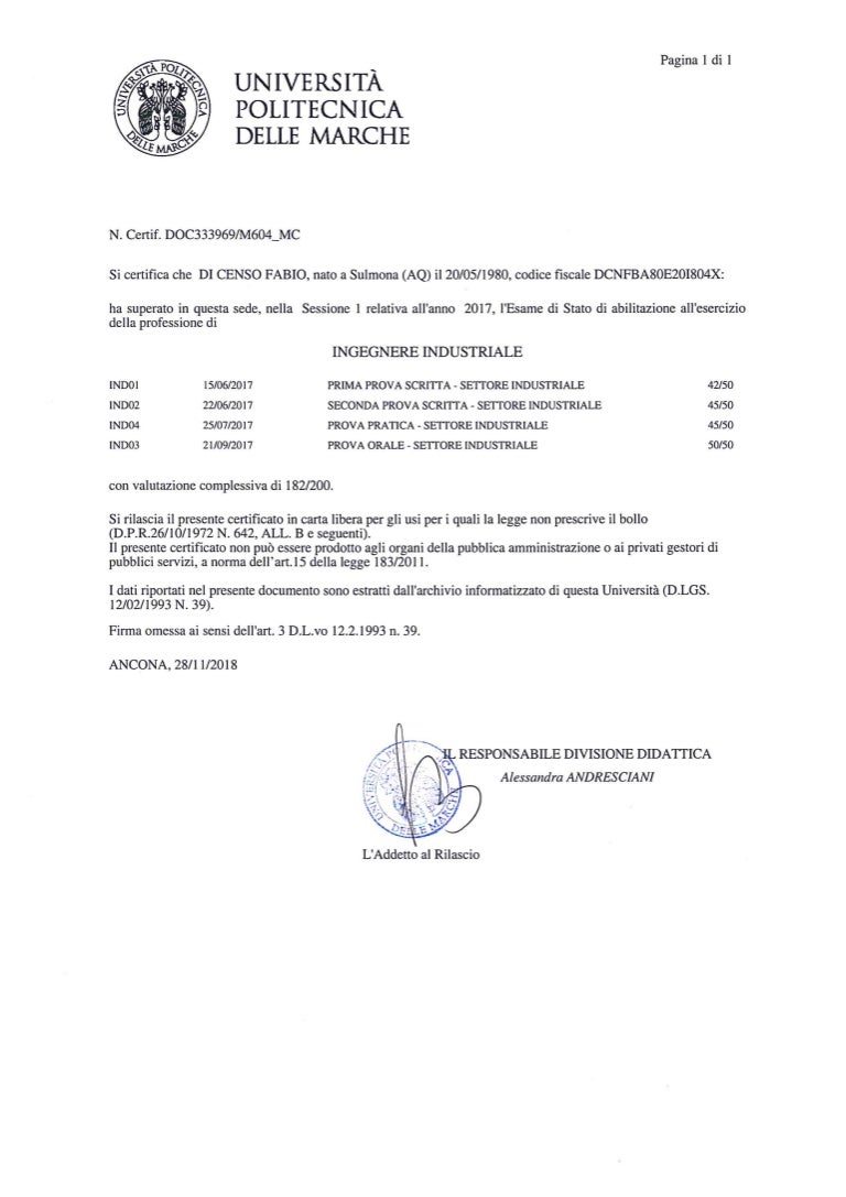 Certificato superamento esame di stato abilitazione ingegnere