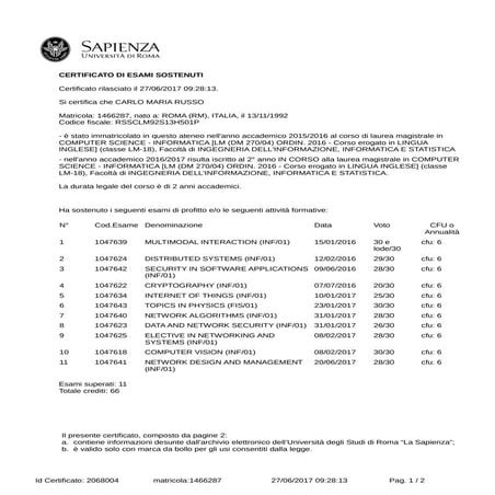 Certificato esami - La Sapienza | PDF