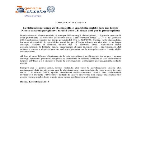 Certificazione unica 2015, modello e specifiche pubblicate nei tempi Niente s...