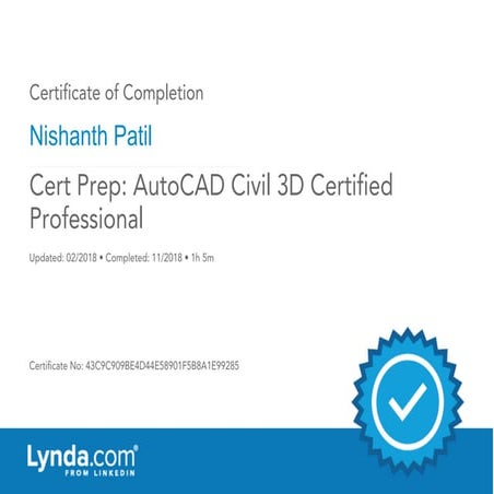 Certificate of Completion: Cert Prep: AutoCAD Civil 3d Certified Professional