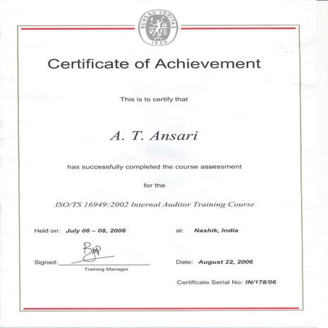 Cetified Internal Auditor ISO/TS16949