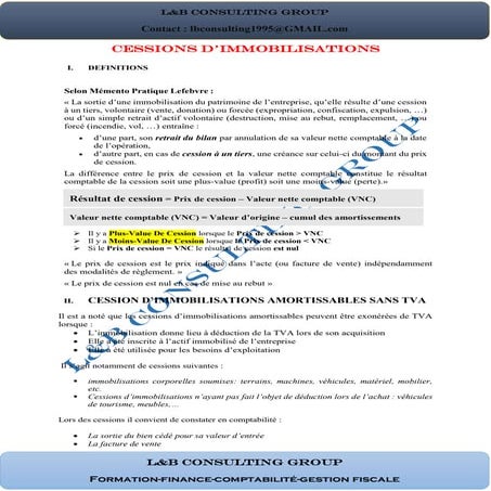 cessions d'immobilisations Selon L'OHADA