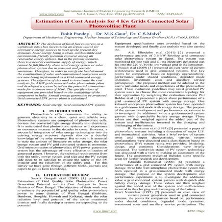 Estimation of Cost Analysis for 4 Kw Grids Connected Solar Photovoltiac Plant