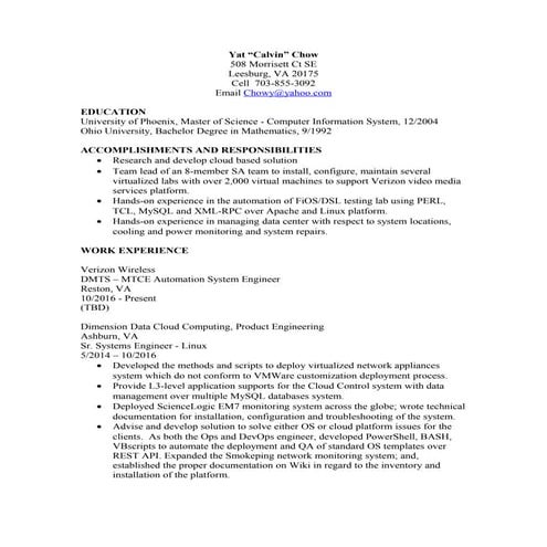 Yat (Calvin) Chow Resume - Oct 28 2016