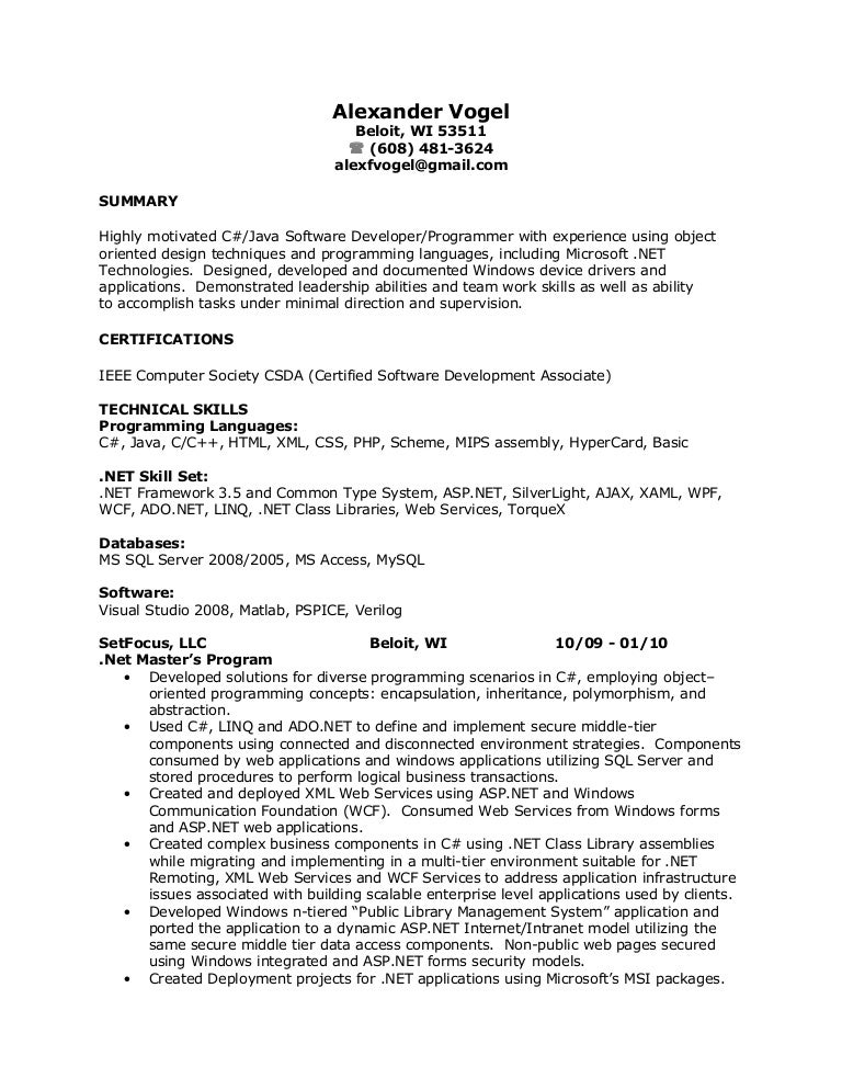 asp net resume samples