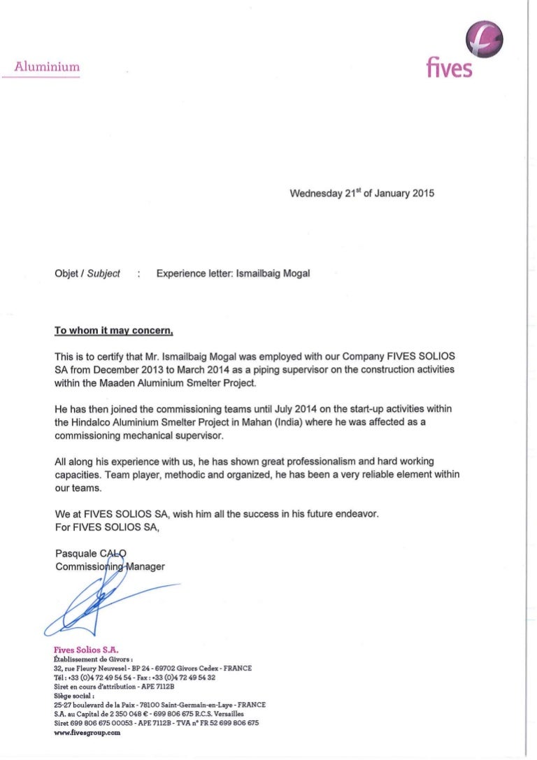 COMMISSIONING EXPERIENCE LETTER