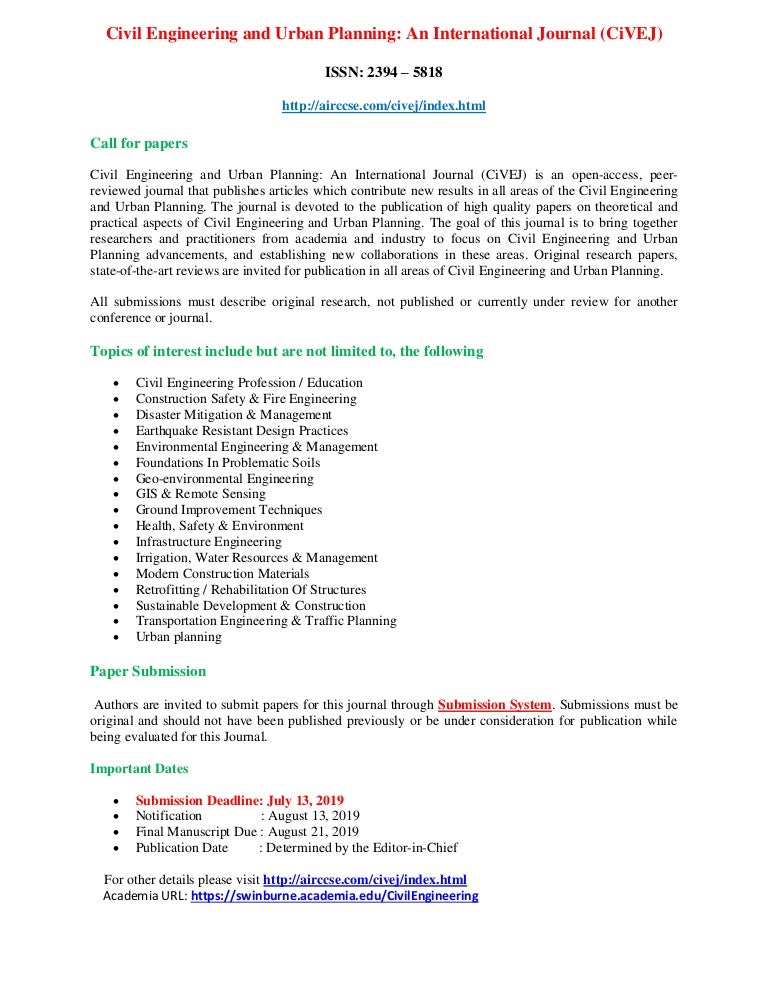 Civil Engineering And Urban Planning An International Journal Civej