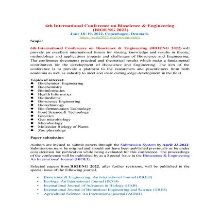 6th International Conference on Bioscience & Engineering (BIOENG 2022)