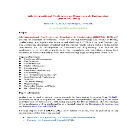 6thInternational Conference on Bioscience & Engineering(BIOENG 2022)