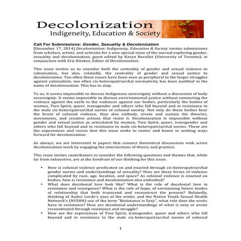 CFP, special issue on: Gender, Sexuality & Decolonization