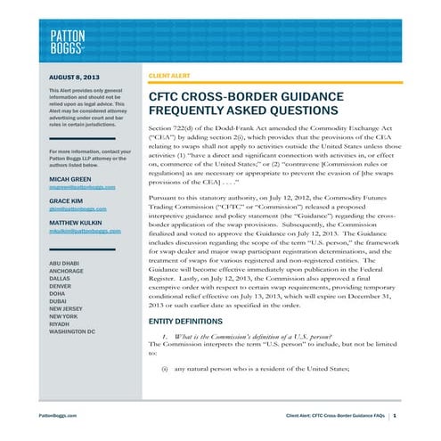 CFTC Cross-Border Guidance Frequently Asked Questions